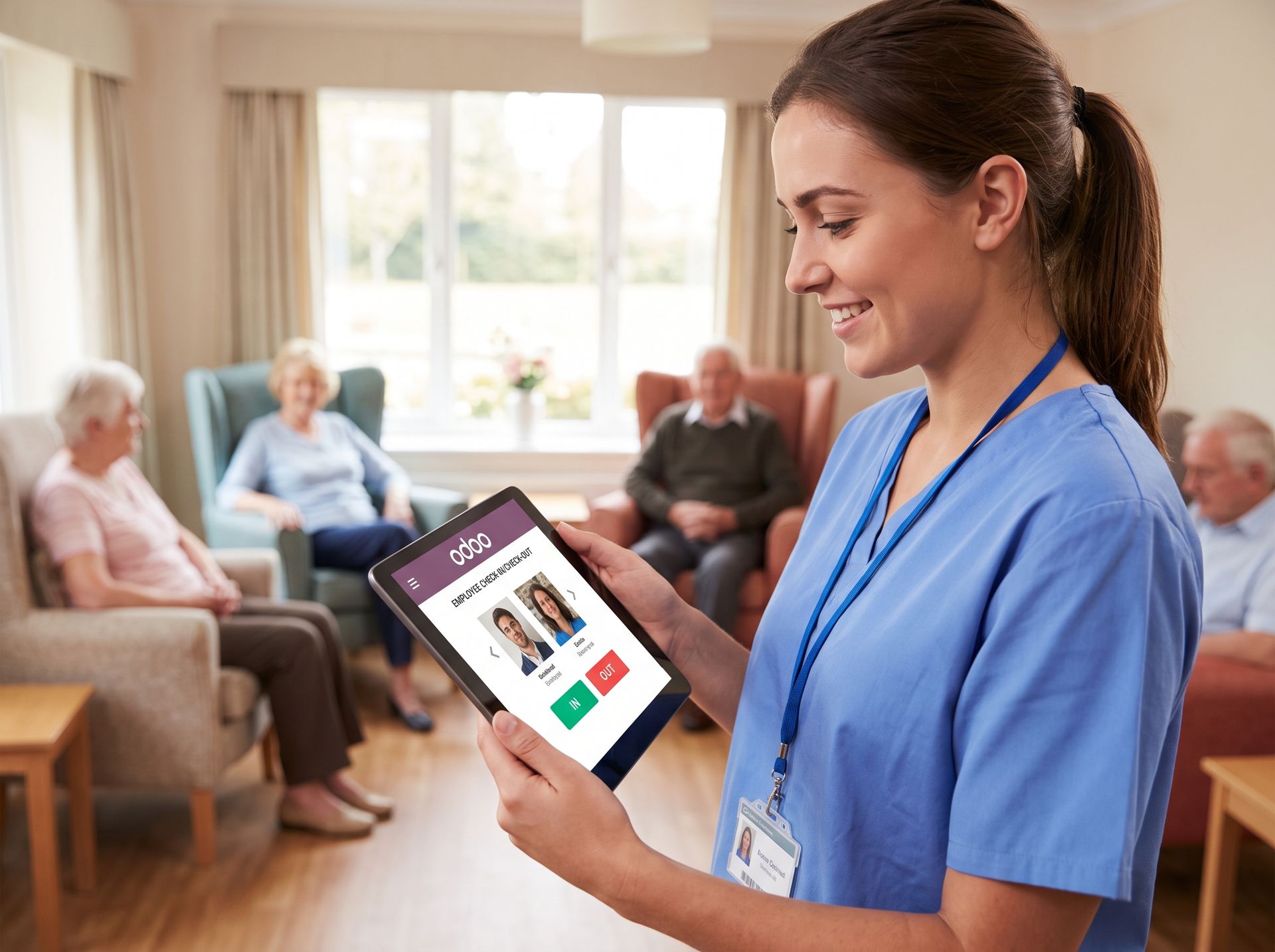 Odoo 19 technologie voor zakelijke relaties en processen binnen zorgorganisaties door Newconomie Zorgverlener gebruikt een Odoo-applicatie op een tablet voor zakelijke en administratieve processen