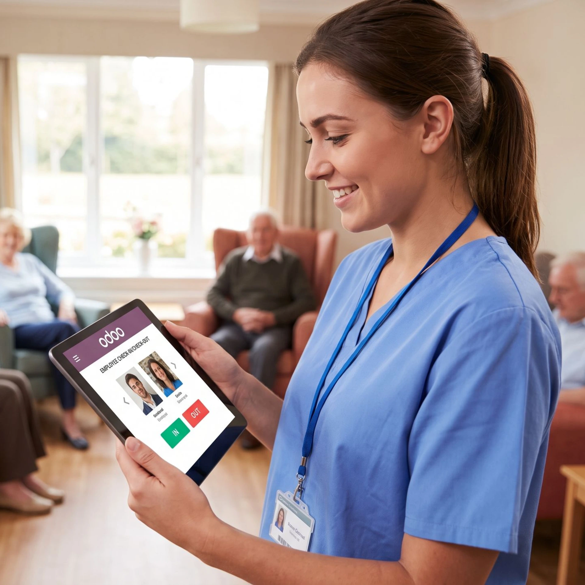 Odoo 19 technologie voor zakelijke relaties en processen binnen zorgorganisaties door Newconomie Zorgverlener gebruikt een Odoo-applicatie op een tablet voor zakelijke en administratieve processen
