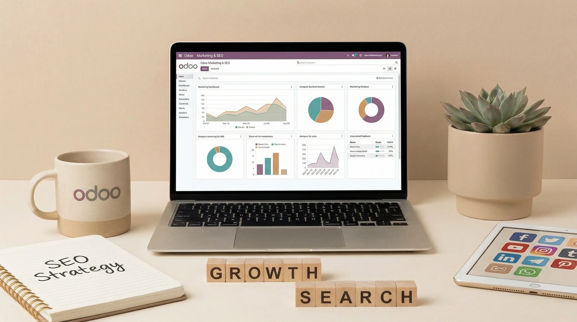 Laptop toont het Odoo-marketingdashboard met grafieken, met houten letterblokjes 'Growth' en 'Search' op de voorgrond. Odoo marketing automation, e-mailcampagnes en contentbeheer ondersteuning door Newconomie