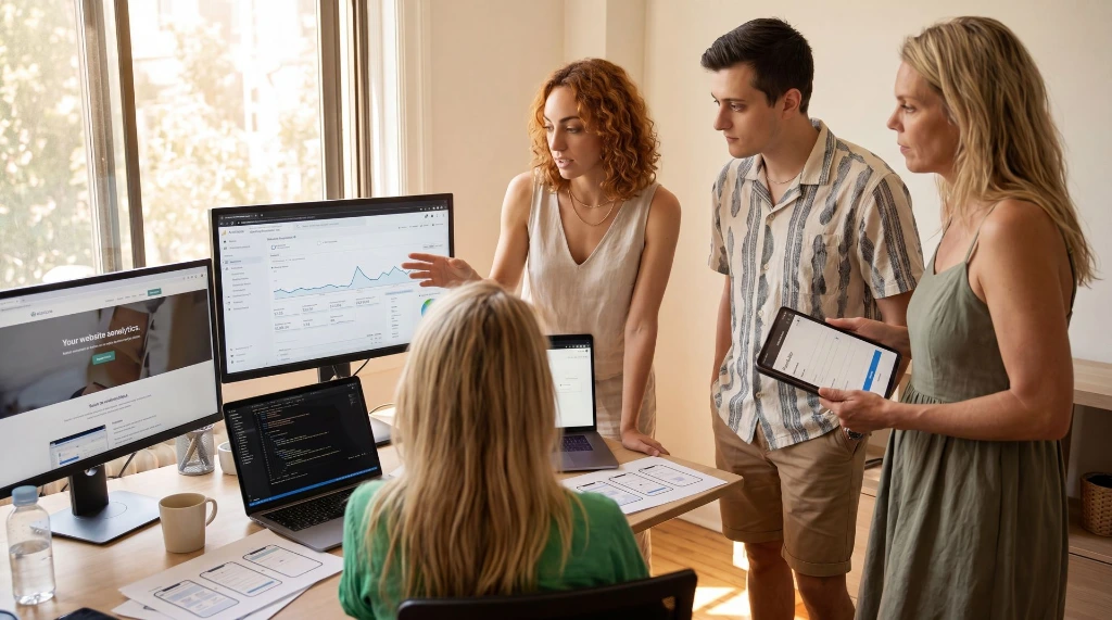 Drie collega's bekijken personeelsgegevens, roosters en recruitmentstatistieken op monitoren tijdens een kantooroverleg. Odoo HR, recruitment en personeelsplanning ondersteuning via Newconomie