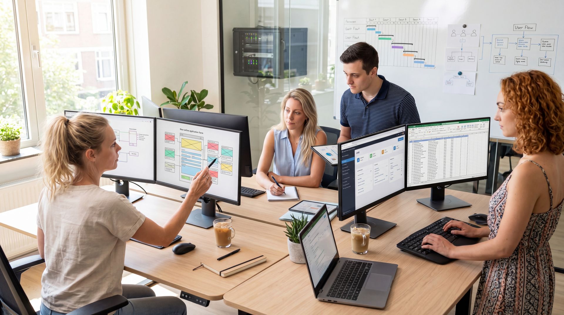 Twee collega's beheren productpagina's, content en webshop-updates op meerdere monitoren op kantoor. Odoo website, webshop en contentbeheer uitbesteden via Newconomie