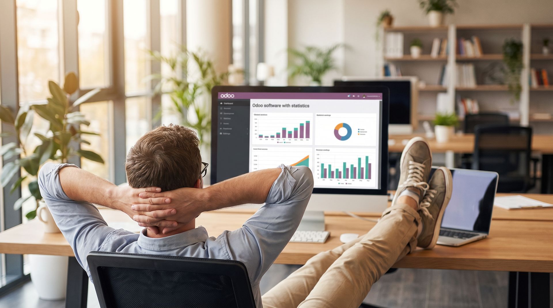 Ondernemer kijkt ontspannen naar overzichtelijke grafieken en managementrapportages in Odoo op een groot beeldscherm. Odoo rapportage, procesbewaking en KPI-dashboards via Newconomie