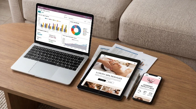 Laptop, tablet en mobiele telefoon tonen de flexibele Odoo-omgeving voor schaalbare backoffice ondersteuning. Odoo backoffice modules op laptop, tablet en smartphone via Newconomie