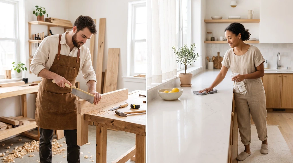 Collage met een timmerman in een werkplaats en een schoonmaakmedewerker in een strakke kantoorruimte. Odoo backoffice ondersteuning voor service-, installatie- en facilitaire bedrijven via Newconomie