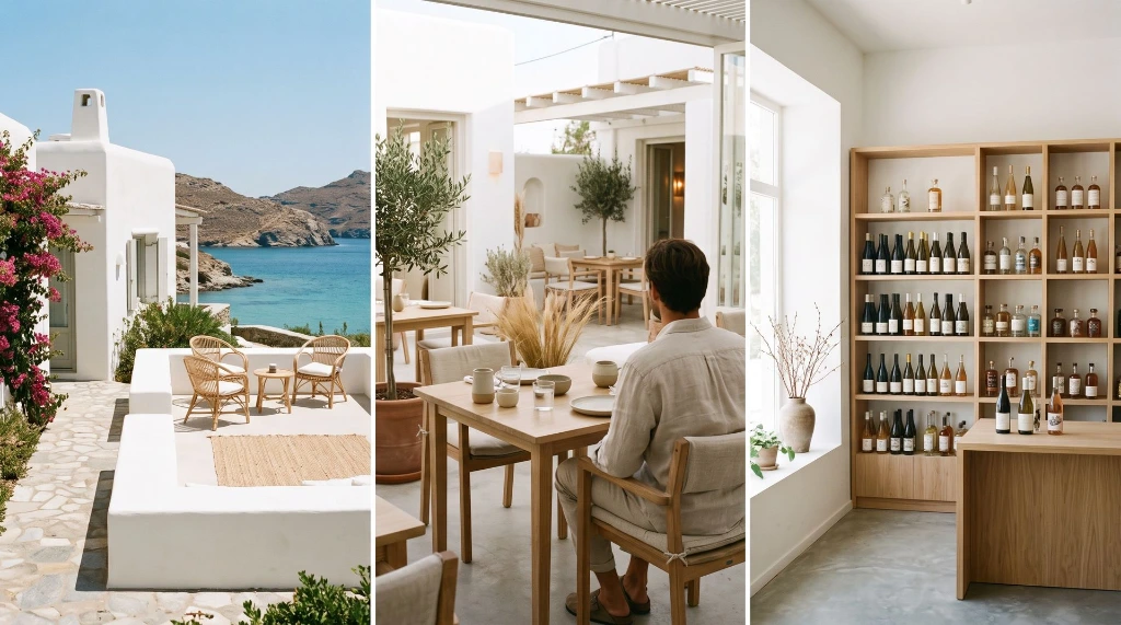 Collage van een luxe vakantiewoning aan zee, een sfeervol restaurant en een strak ingerichte winkel. Backoffice uitbesteden voor logies, horeca en winkelbedrijven via Newconomie