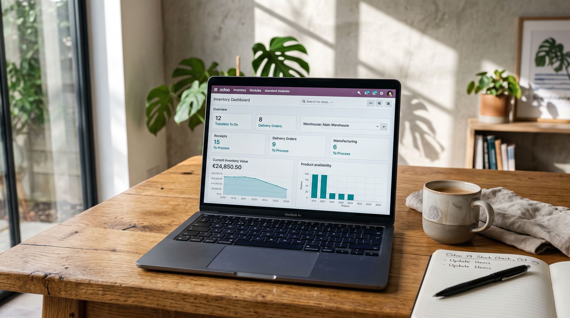 Odoo 19 software dashboard en logistieke workflow op laptop