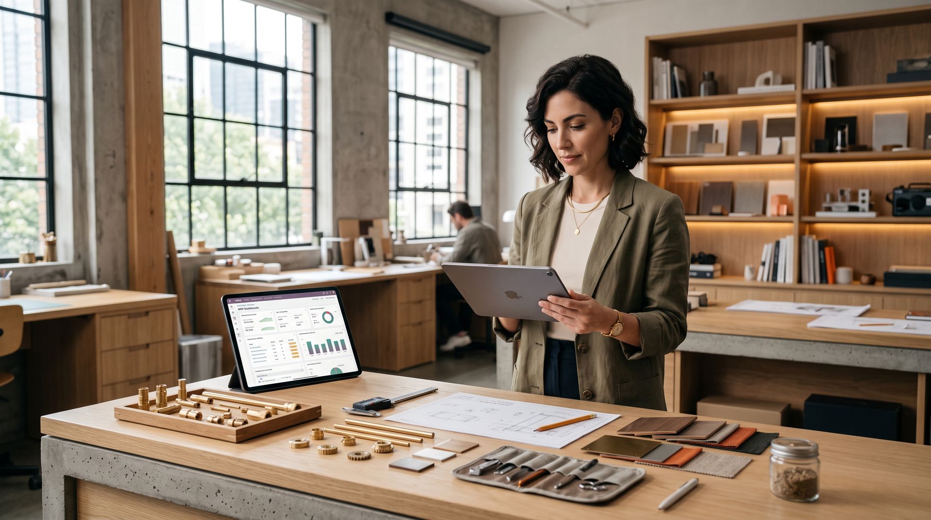 Ondernemer controleert werkorders en materiaalvoorraad op een tablet aan een overzichtelijke werktafel. Odoo MRP productieplanning en materiaalbeheer in een studio-omgeving via Newconomie