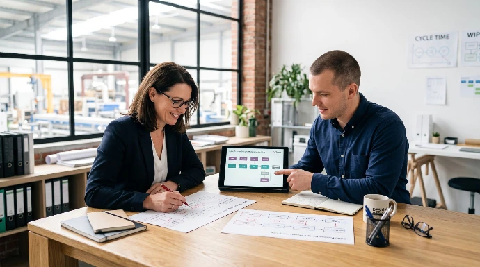 Twee specialisten analyseren de werkstromen en het procesmodel op papier en tablet om de Odoo-inrichting voor te bereiden. Odoo procesanalyse en productieautomatisering adviesgesprek via Newconomie
